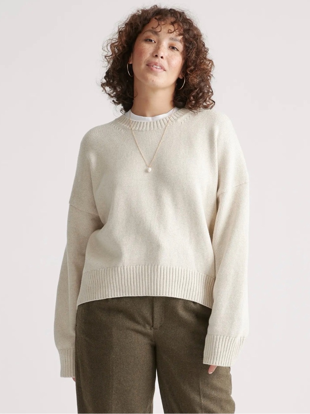 Quince Cotton Boyfriend Crew Sweater Speckled Beige